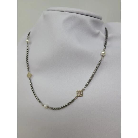 AUTH David Yurman Sterling Silver 14k DY and Pearl Station Cable Necklace - Picture 9 of 10